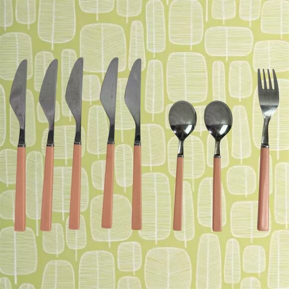 VTG Set of 8 Stainless Flatware Pink Plastic Handle Japan Knives Tea Spoon Forks - Picture 2 of 12